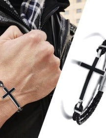 Double Braided Leather Cross Bracelet and Rhodium Plated Necklace