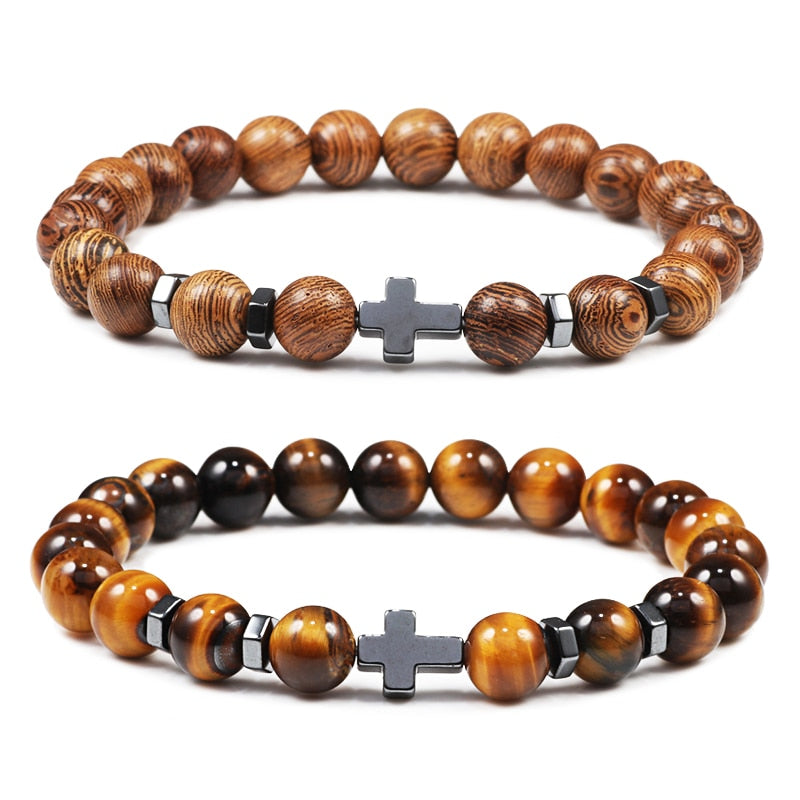Natural Stone and Wood Beads Rosary and Cross Bracelet