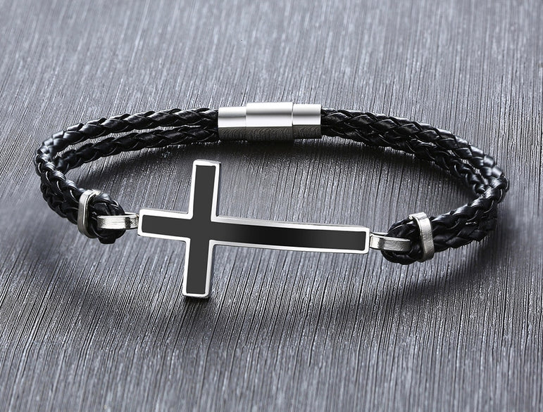 Double Braided Leather Cross Bracelet and Rhodium Plated Necklace