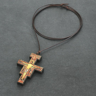 Wood Crucifix Pendant With Adjustable Leather Rope