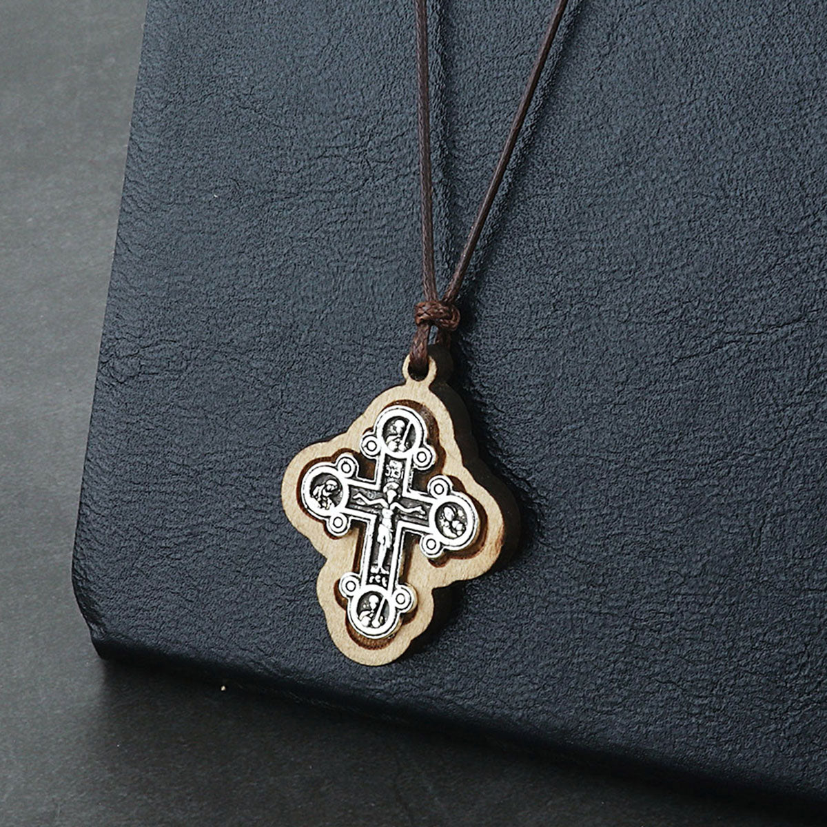 Wood Crucifix Pendant with Adjustable Leather Rope