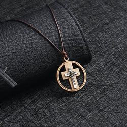 Wood Crucifix Round Circle Cross Pendant with Adjustable Leather Rope