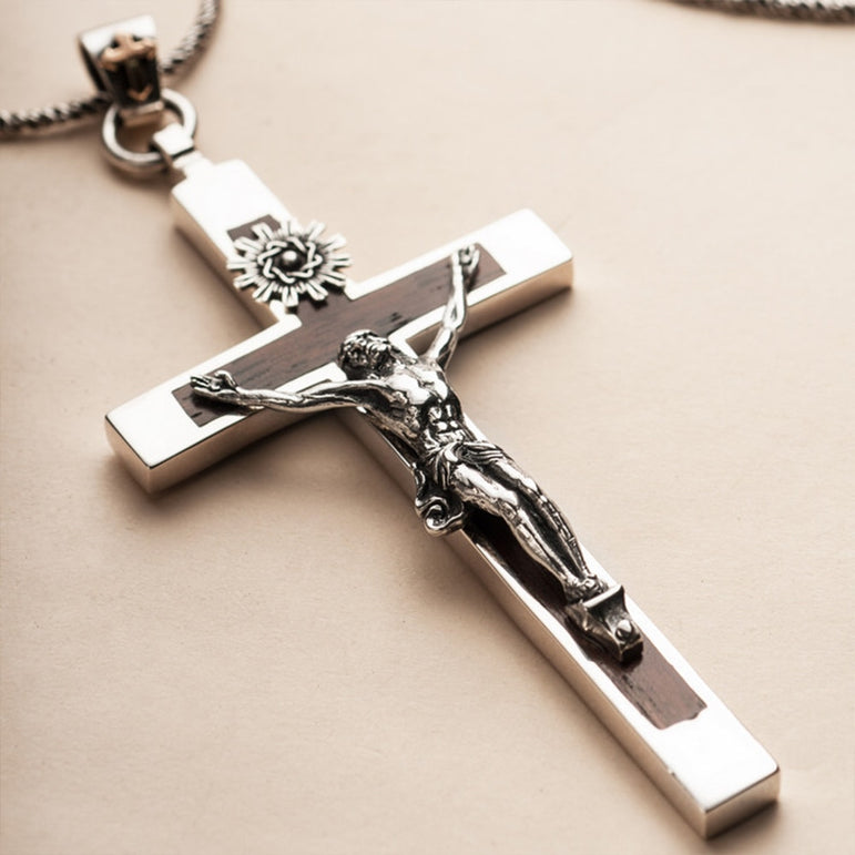 Natural Red Sandalwood and Silver Crucifix Pendant
