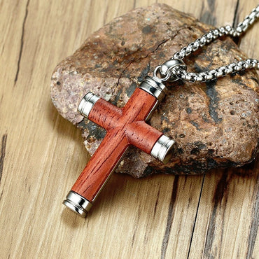 Wood and Stainless Steel Cross Pendant