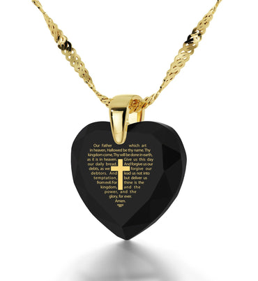 Heart Necklace Inscribed With Cross and "Our Father' Prayer - 14k Gold