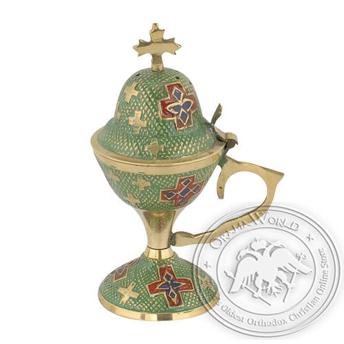 Byzantine Brass Home Censer with Enamel Coating - H79 - VAP_H79-7906BC_GR