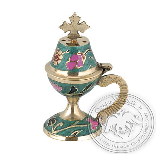 Byzantine Brass Home Censer with Enamel Coating - H62 - VAP_H62-8599C_GR