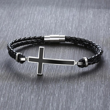 Double Braided Leather Cross Bracelet and Rhodium Plated Necklace