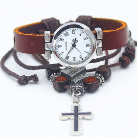 Cross and watch with leather strap bracelet