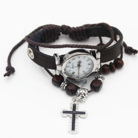 Cross and watch with leather strap bracelet