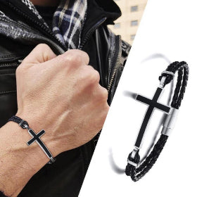 Double Braided Leather Cross Bracelet and Rhodium Plated Necklace