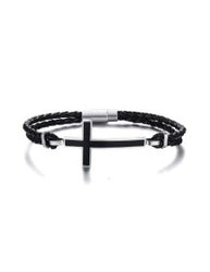 Double Braided Leather Cross Bracelet and Rhodium Plated Necklace