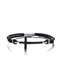 Double Braided Leather Cross Bracelet and Rhodium Plated Necklace