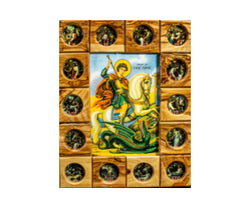 Handmade Olive Wood Holy Icons Surrounded by Via Dolorosa images.