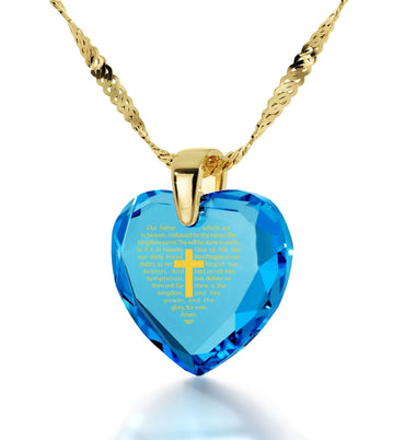 Heart Necklace Inscribed With Cross and "Our Father' Prayer - 14k Gold