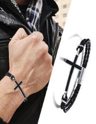 Double Braided Leather Cross Bracelet and Rhodium Plated Necklace