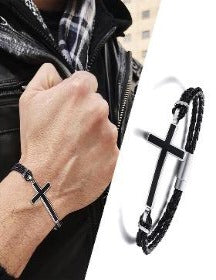Double Braided Leather Cross Bracelet and Rhodium Plated Necklace