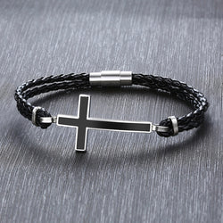 Double Braided Leather Cross Bracelet and Rhodium Plated Necklace