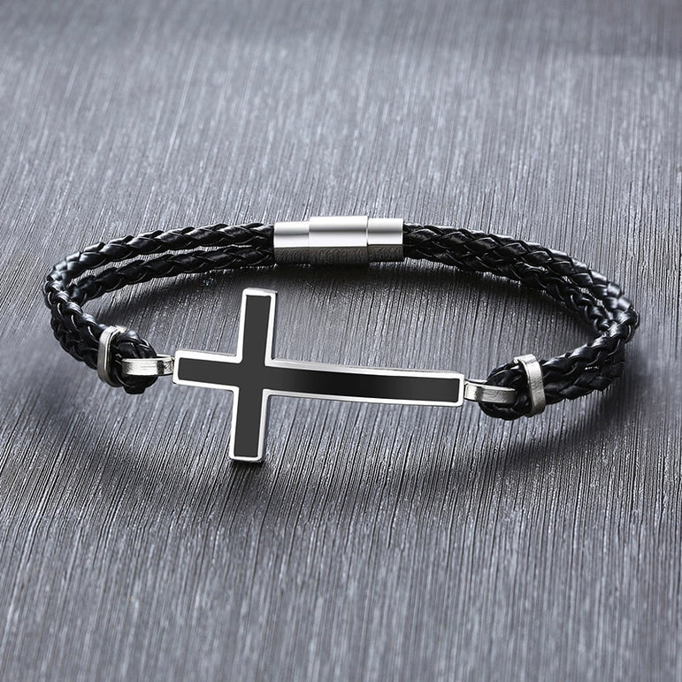 Double Braided Leather Cross Bracelet and Rhodium Plated Necklace