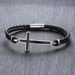 Double Braided Leather Cross Bracelet and Rhodium Plated Necklace