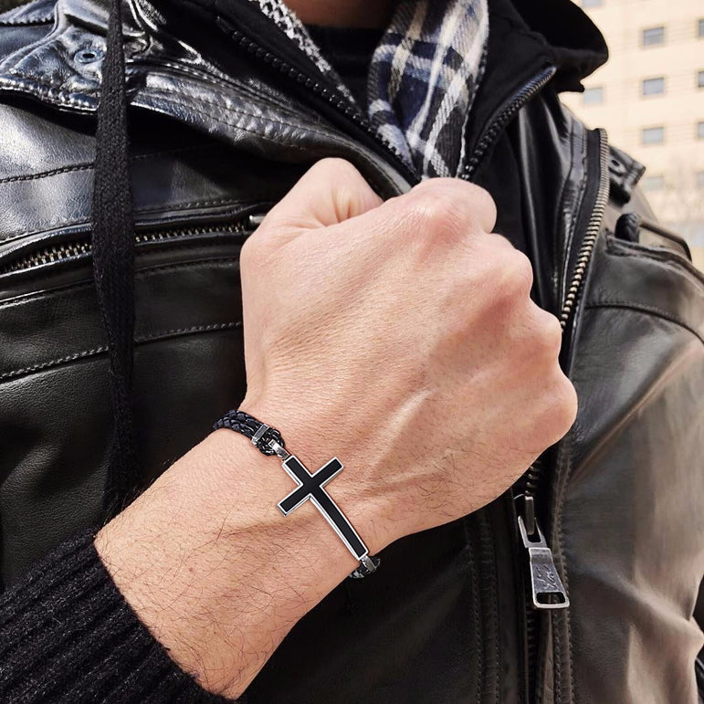 Double Braided Leather Cross Bracelet and Rhodium Plated Necklace