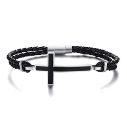 Double Braided Leather Cross Bracelet and Rhodium Plated Necklace
