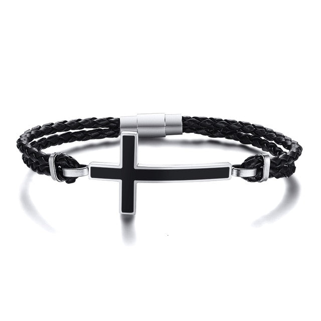 Double Braided Leather Cross Bracelet and Rhodium Plated Necklace