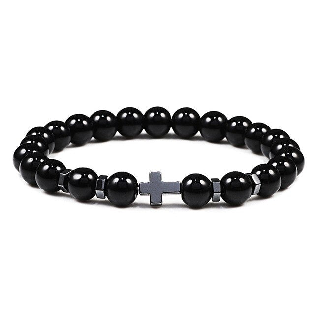 Natural Stone and Wood Beads Rosary and Cross Bracelet