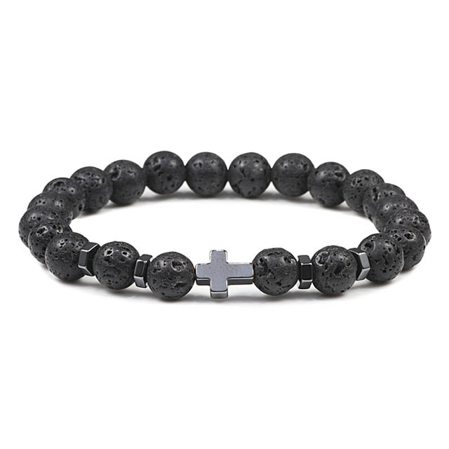 Natural Stone and Wood Beads Rosary and Cross Bracelet