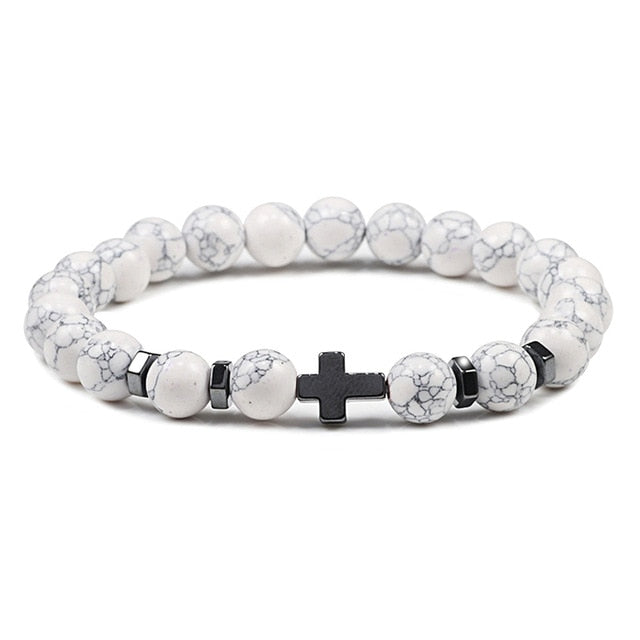 Natural Stone and Wood Beads Rosary and Cross Bracelet