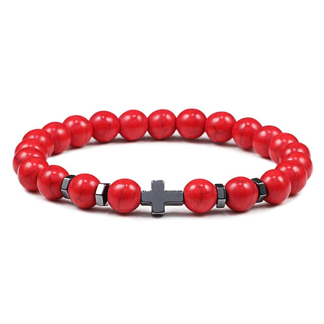 Natural Stone and Wood Beads Rosary and Cross Bracelet