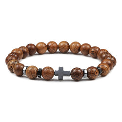 Natural Stone and Wood Beads Rosary and Cross Bracelet