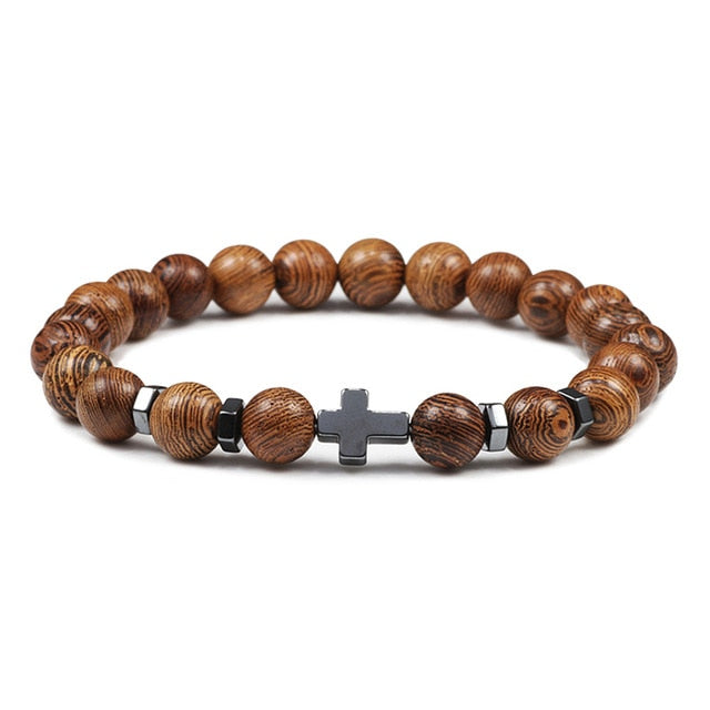 Natural Stone and Wood Beads Rosary and Cross Bracelet