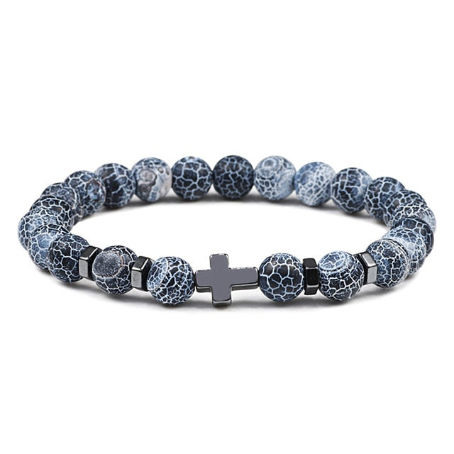 Natural Stone and Wood Beads Rosary and Cross Bracelet