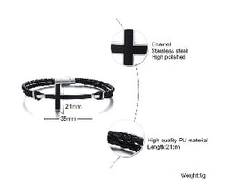 Double Braided Leather Cross Bracelet and Rhodium Plated Necklace