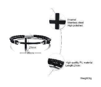Double Braided Leather Cross Bracelet and Rhodium Plated Necklace