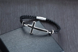 Double Braided Leather Cross Bracelet and Rhodium Plated Necklace