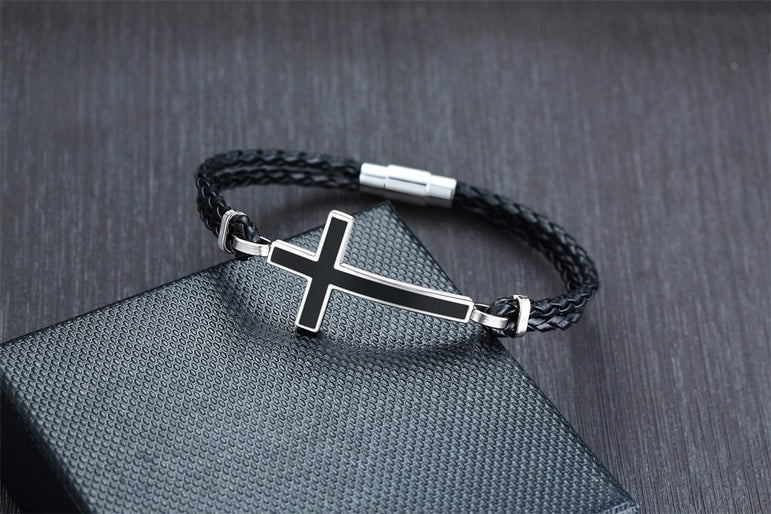 Double Braided Leather Cross Bracelet and Rhodium Plated Necklace