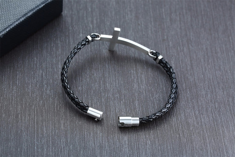Double Braided Leather Cross Bracelet and Rhodium Plated Necklace