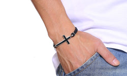Double Braided Leather Cross Bracelet and Rhodium Plated Necklace