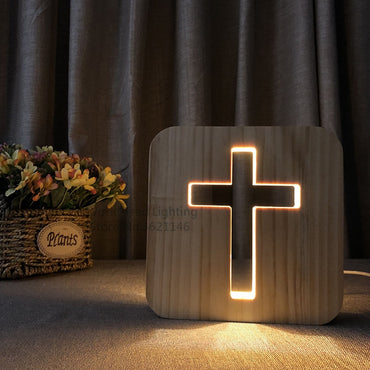 Wood 3D Illusion Luminaria Lamp Light Cross