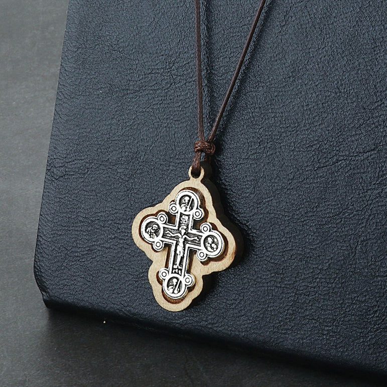 Greek Orthodox Wood Cross Pendant Necklace with Adjustable Cord Style 3