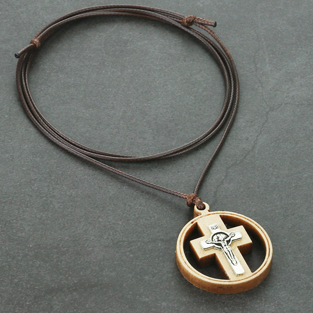 Wood crucifix round circle cross pendant with adjustable leather rope