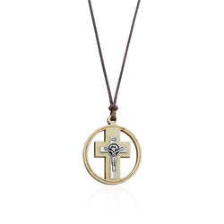 Wood Crucifix Round Circle Cross Pendant with Adjustable Leather Rope