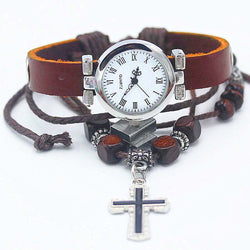Cross and watch with leather strap bracelet