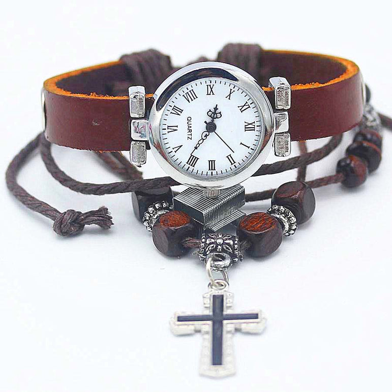 Cross and watch with leather strap bracelet