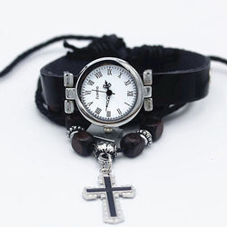 Cross and watch with leather strap bracelet