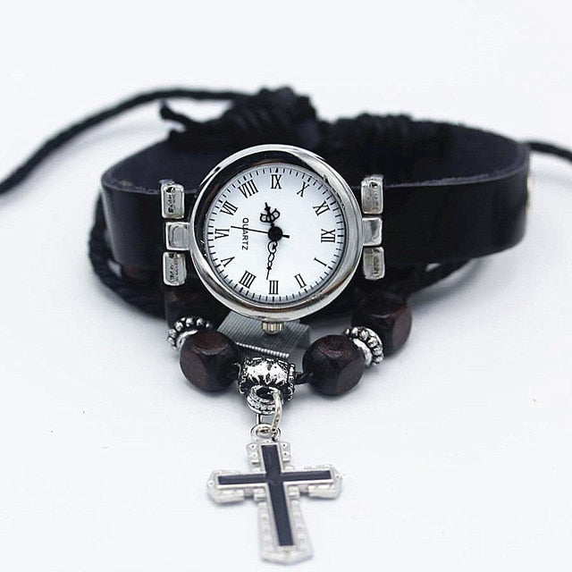 Cross and watch with leather strap bracelet