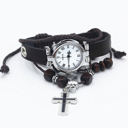 Cross and watch with leather strap bracelet