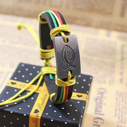 Jesus fish religion leather bracelet